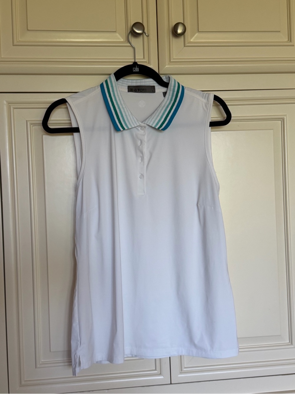 G/FORE White Sleeveless ladies Polo Tank with Teal and Aqua Striped Collar: L - Picture 4 of 4